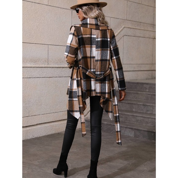 Plaid Waterfall Collar Asymmetrical Hem Belted Coat long line - Picture 2 of 4